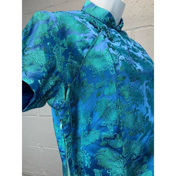 Vintage 60s Turquoise Brocade Silk Cheongsam Blouse Mandarin Collar - Picture 7 of 10